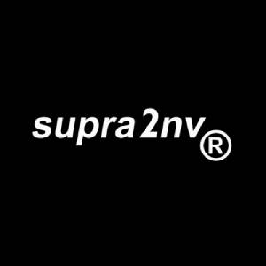 A black and white logo for supra 2 nv.